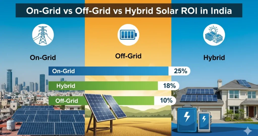 On-Grid vs Off-Grid vs Hybrid Solar Systems – Which Is Best for Indian Homes? 1 On-Grid vs Off-Grid vs Hybrid Solar ROI in India